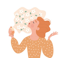 A cute red-haired woman or girl holds a bottle in her hand and sprays perfume with orange blossom on herself and enjoys the scent. Vector illustration. Orange flowers.