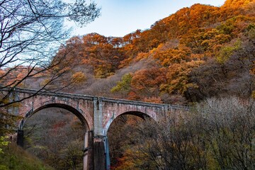 紅葉で色づく山々と赤レンガのめがね橋