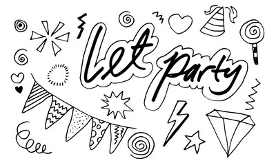 Obraz premium Hand drawn, doodle party set isolated on white background.Sketch icons for invitation, flyer, poster.