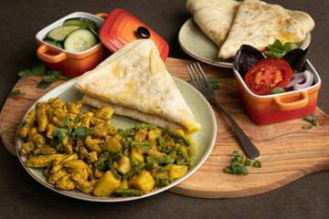 Indian-surinamese spicy food lunch and dinner, roti chicken curry