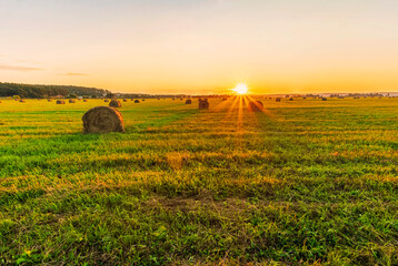 Scenic view at beautiful sunset in a green shiny field in willage farm with hay stacks, cloudy sky, golden sun rays, anazing summer valley evening landscape