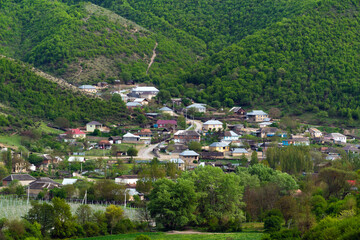Fototapeta na wymiar A village at the foot of the Caucasian mountain range