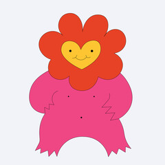 vector sticker chamomile with face.Quirky flower character for valentine's day.60s and 70s hippie tattoo template.Bizarre monster. romantic smiley in love.Funky groovy botanic monster.Childish style