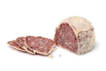 Saltufo sausage ball and slices close up isolated on white background for a snack or appetizer 