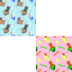 Set of seamless patterns with cats in cups and boxes, milk drops and typography on pink and blue backgrounds