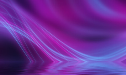 Abstract background. Neon multicolored light reflects on the water. Beach party, light show. Blurry lights glisten on the surface. 3d illustration