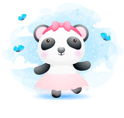 Cute doodle happy dancing baby panda girl Premium Vector