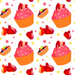 Vector pastry seamless pattern with cakes, pies, tarts, with pink strawberry topping. Vector sweet bakery products. Vector pattern  with cakes bakery top view frame. Bakery shop vector pattern.