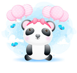 Cute doodle baby panda girl with balloon Premium Vector