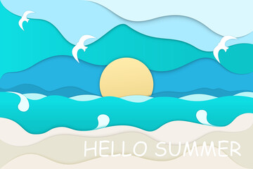 Vector poster with sea, sand and seagulls. Paper cut background.