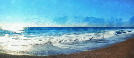 The waves of the ocean wash over the beach. Wide panoramic view. Artistic work