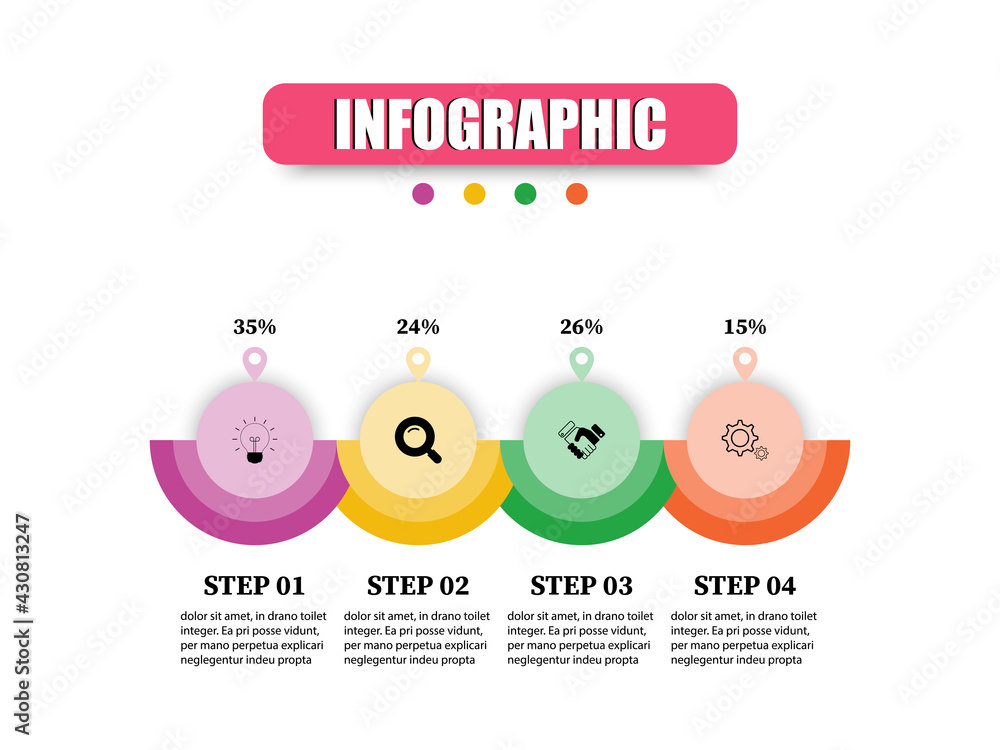 Poster circular shape business infographic presentation template 4 options. concept infographic vector desi