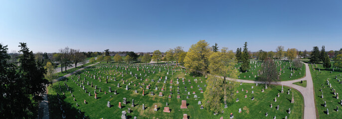 Aerial panorama of Paris, Ontario, Canada cemetery