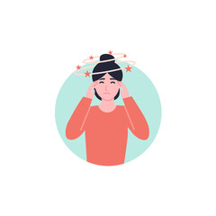 Woman icon character fainting, vertigo. Flat vector cartoon illustration.