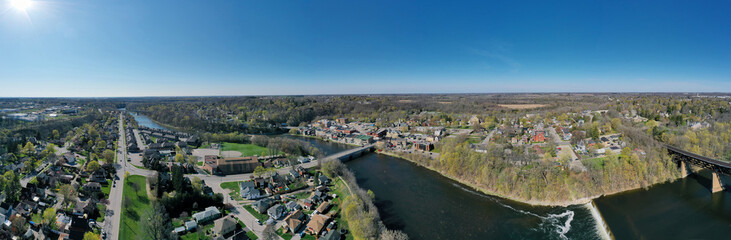 Fototapeta na wymiar Aerial panorama of Paris, Ontario, Canada along the river