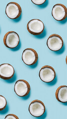 Natural texture made with half sliced coconut on pastel blue background. Minimal tropical summer concept. Vegetarian diet layout. Flat lay, top view.