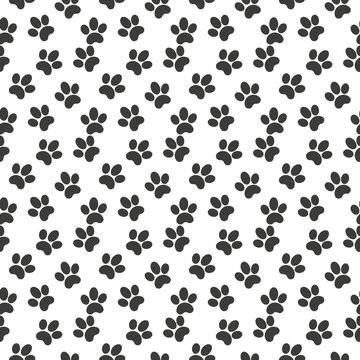 Vector seamless pattern of flat black animal dog cat foot print steps isolated on white background