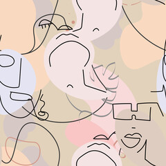 One line drawing. Abstract face seamless pattern.