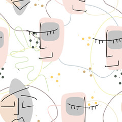 Woman Face line. Abstract drawing seamless pattern