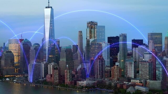 
Wireless communication network concept. IoT Internet of Things. Communication Technology smart city aerial view. Holographic blue arches in Manhattan. New York city. Augmented reality.
