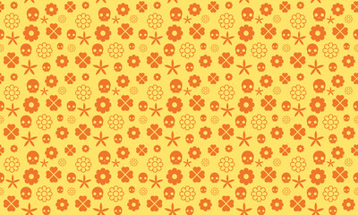 Illustration of flowers and skulls pattern in yellow and orange colours. Vector pattern.  Vector seamless pattern design. Great for vintage fabric, scrapbooking, wall.