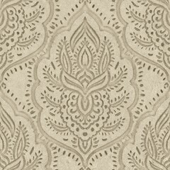 Seamless embossed paper texture for print. High quality illustration. Beige taupe or tan paper texture with embossed abstract ethnic tribal design overlay. Seamless repeat raster jpg pattern swatch.