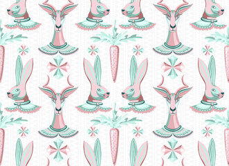 Seamless vector pattern of gems similar to diamonds, goat, rabbit and carrot. Original trendy texture background with unusual characters