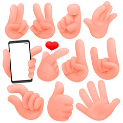 Set of cartoon human hands. Cartoon and vector isolated objects. Collection of various gestures thumbs up, victory
