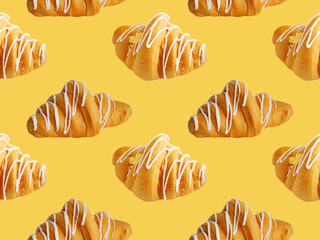 Fresh croissant seamless pattern isolated on orange background. Place for your text. Croissant seamless pattern on yellow background. Background texture baking croissant.