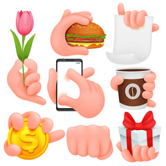 Set of cartoon human hands. Cartoon and vector isolated objects. Collection of various gestures. Burger, coffee, gift box, coin