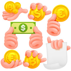 Set of cartoon human hands. Cartoon and vector isolated objects. Collection of various gestures. Dollar, bitcoin, euro