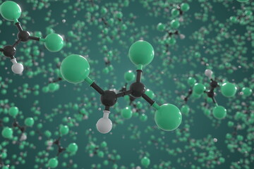 Molecule of trichloroethylene, ball-and-stick molecular model. Scientific 3d rendering
