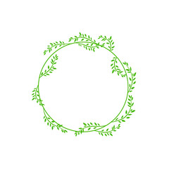 Vector green natural frame template, circle with leaves, blank round shape frame on whte background.
