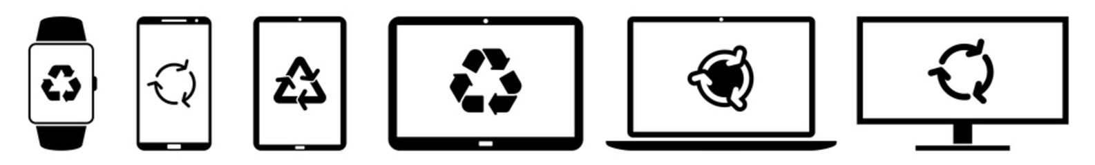 Display recycle, recycling, reusing, recycled, recyclable Icon Devices Set | Web Screen Device Online | Laptop Vector Illustration | Mobile Phone | PC Computer Smartphone Tablet Sign Isolated