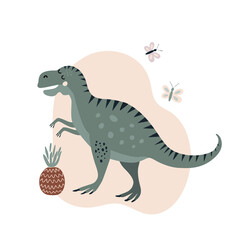 vector illustration animal green dinosaur on background with pineapple. drawing in the style of cartoon and doodle