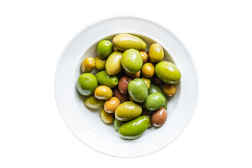 fresh olives pitted in plate on the table varieties of fruits vegan vegetarian food snack trend meal copy space food background rustic top view 