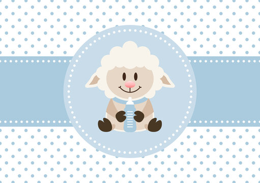 Babykarte Junge Schaf Mit Flasche Punkte Retroblau Weiß