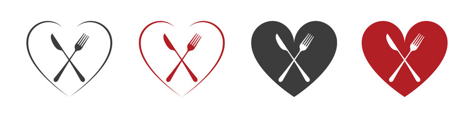 Dishes. Icon set, fork, knife and heart, menu logo, cutlery silhouette. Love for food.
