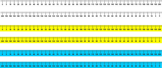 Measure Tape ruler metric measurement. Metric ruler. 200 centimeters metric vector ruler with yellow and black color. Two version, from left to right and opposite. 2, 4, and 8 centimetre wide. 
