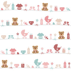 Endlosmuster Baby Mädchen Teddy Icons Rosa Mintgrün