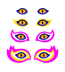 Set of unreal psychedelic beast eyes. Vector isolated on white.