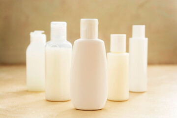 Skin care blank products, abstract beauty concept with plastic white cosmetic bottles