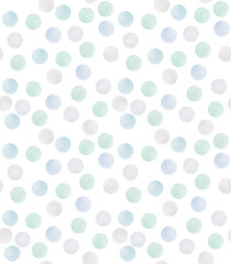 Fototapeta na wymiar Watercolor Painting Blue, Green and Gray Dots on a White Background. Abstract Layout with Brush Dots. Simple Geometric Dotted Pattern ideal for Fabric, Textile, Decoration.