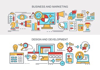 Business and Marketing. Design and development. Set of vector, flat banners.
