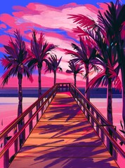 Tropical beach. Seascape, ocean landscape. Hand drawn illustration. Pencil drawing background