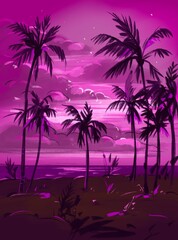 Plakat Tropical beach. Seascape, ocean landscape. Hand drawn illustration. Pencil drawing background
