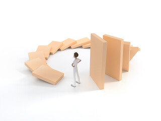 A man pushes a small domino down. But didn't know how to turn back and find myself. 3D Scene.