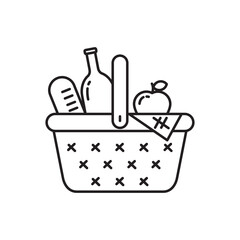 Simple line art of wicker basket with foods and drink vector illustration suitable for picnic icon isolated on white background 