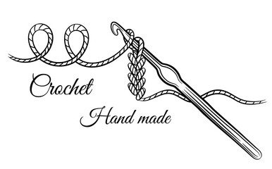 Crochet knitting sign. Crocheting hook with yarn thread. Steel accessory for hand made knit. Hobby craft of making textile clothing. Needlework. Work of knitter. Knitwear shop symbol. Outline vector - obrazy, fototapety, plakaty