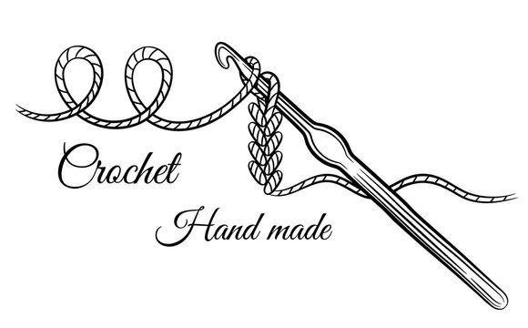 Crochet knitting sign. Crocheting hook with yarn thread. Steel accessory for hand made knit. Hobby craft of making textile clothing. Needlework. Work of knitter. Knitwear shop symbol. Outline vector